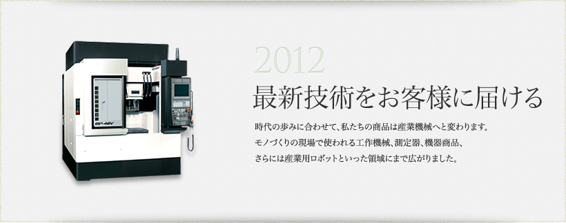 2012 最新技術をお客様に届ける 時代の歩みに合わせて、私たちの商品は産業機械へと変わります。
モノづくりの現場で使われる工作機械、測定器、機器商品、さらには産業用ロボットといった領域にまで広がりました。